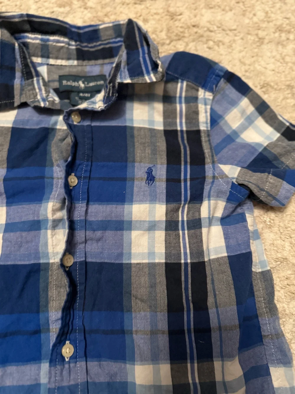 Ralph Lauren Blue White Gray Plaid Short Sleeve Button-Down Cotton Shirt size 4T